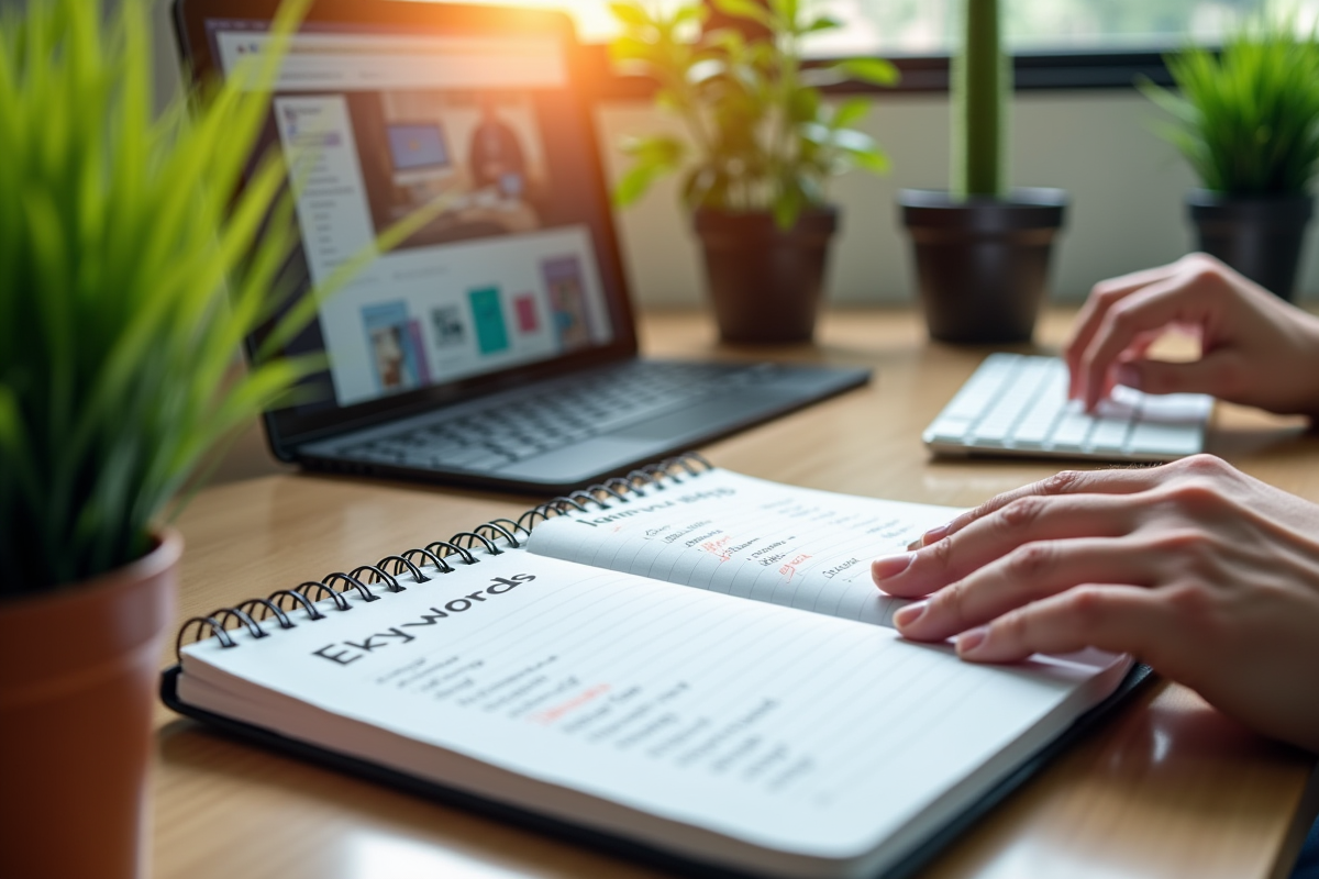 Bureau avec carnet SEO et plantes vertes