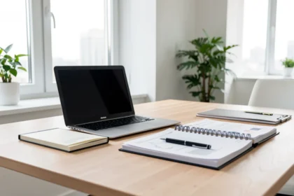 Bureau avec ordinateur et dossiers administratifs