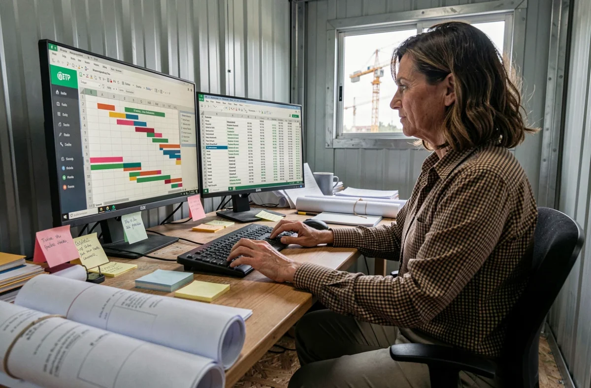 Coordinatrice de projet BTP dans un bureau de chantier comparant un logiciel de gestion et un fichier Excel sur deux écrans