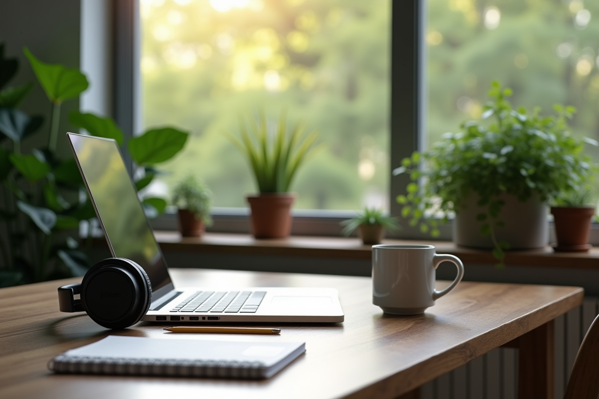 Espace de travail moderne avec ordinateur et plantes