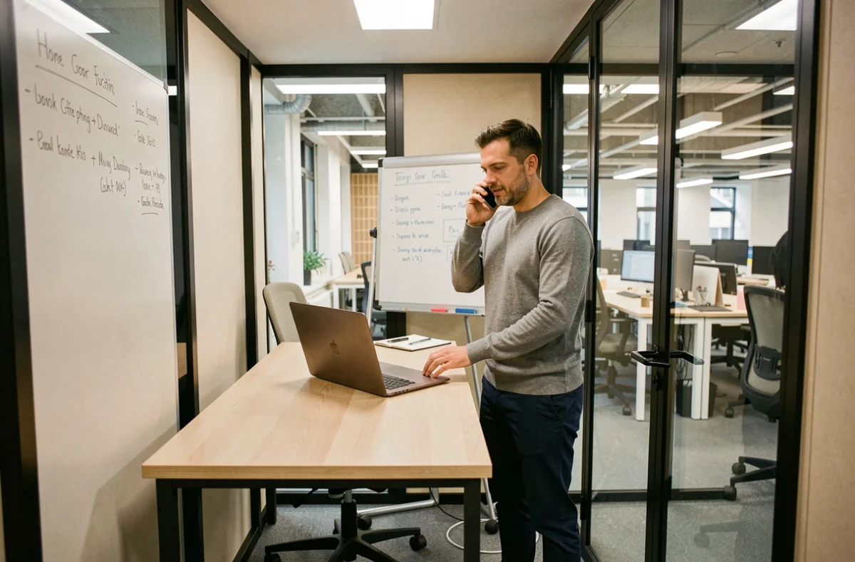 Entrepreneur masculin utilisant un bureau privé à louer à l'heure dans un espace de travail parisien