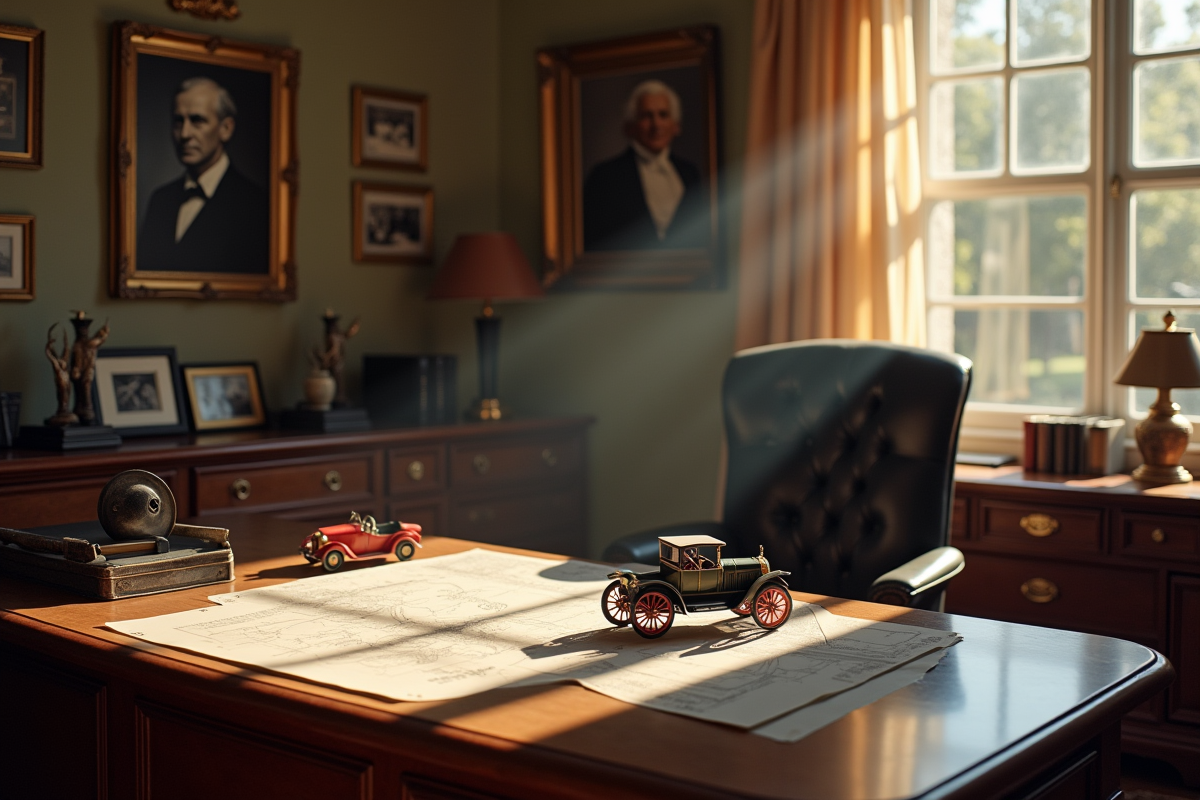 Bureau vintage avec plans et portrait d'Henry Ford