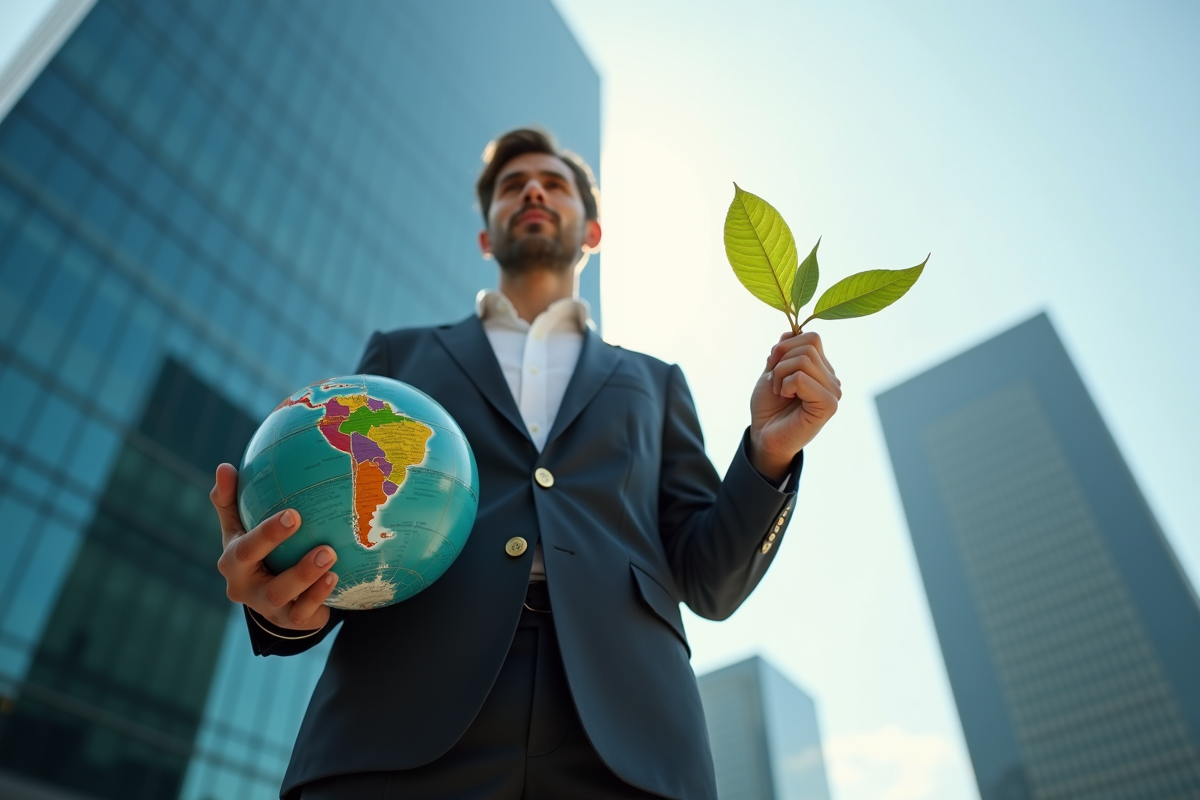 Homme d affaires tenant une feuille verte et un globe devant un immeuble