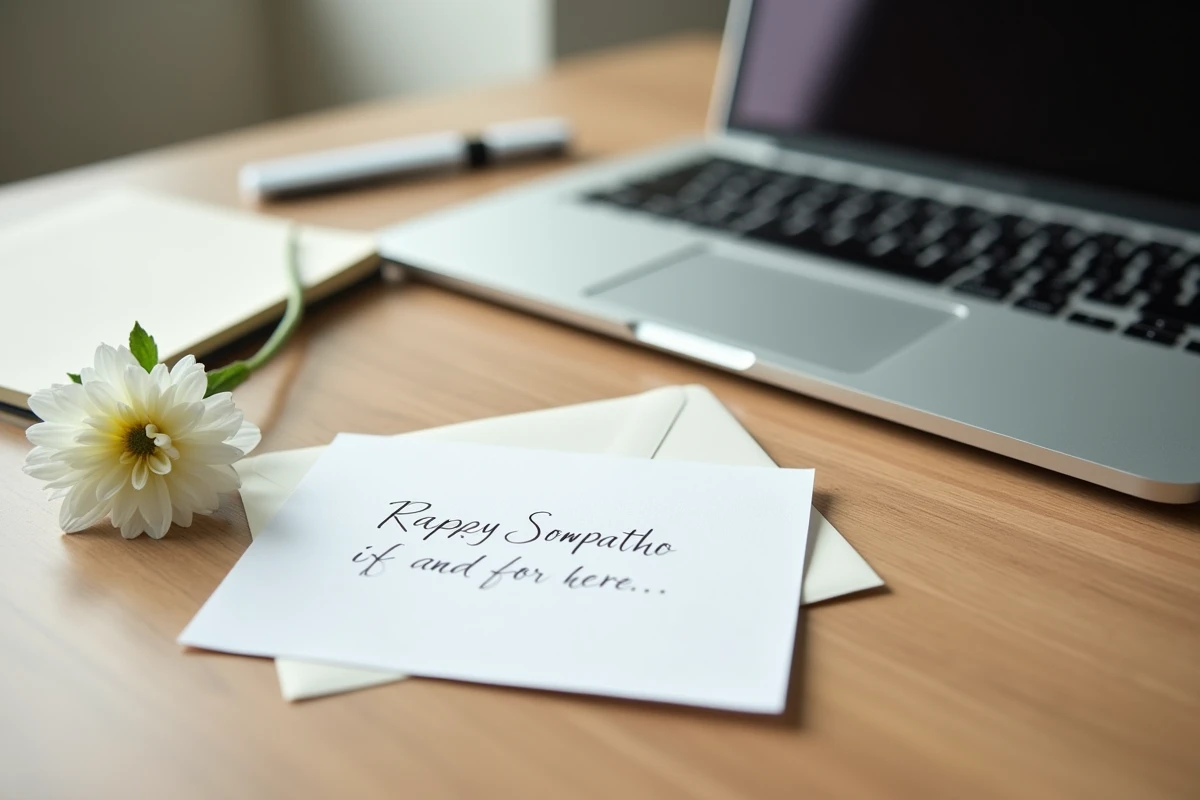 Carte de condoléances manuscrite posée sur un bureau avec une fleur blanche dans un contexte professionnel