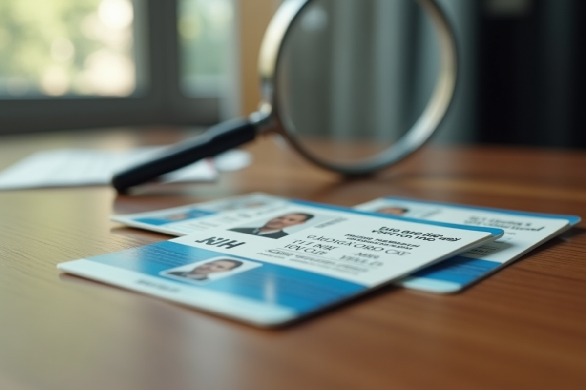 Carte d'identite officielle sur un bureau en bois avec filigrane
