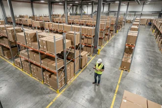 Vue aérienne intérieure d'un centre de distribution logistique avec rangées de rayonnages métalliques et gestionnaire en gilet fluorescent