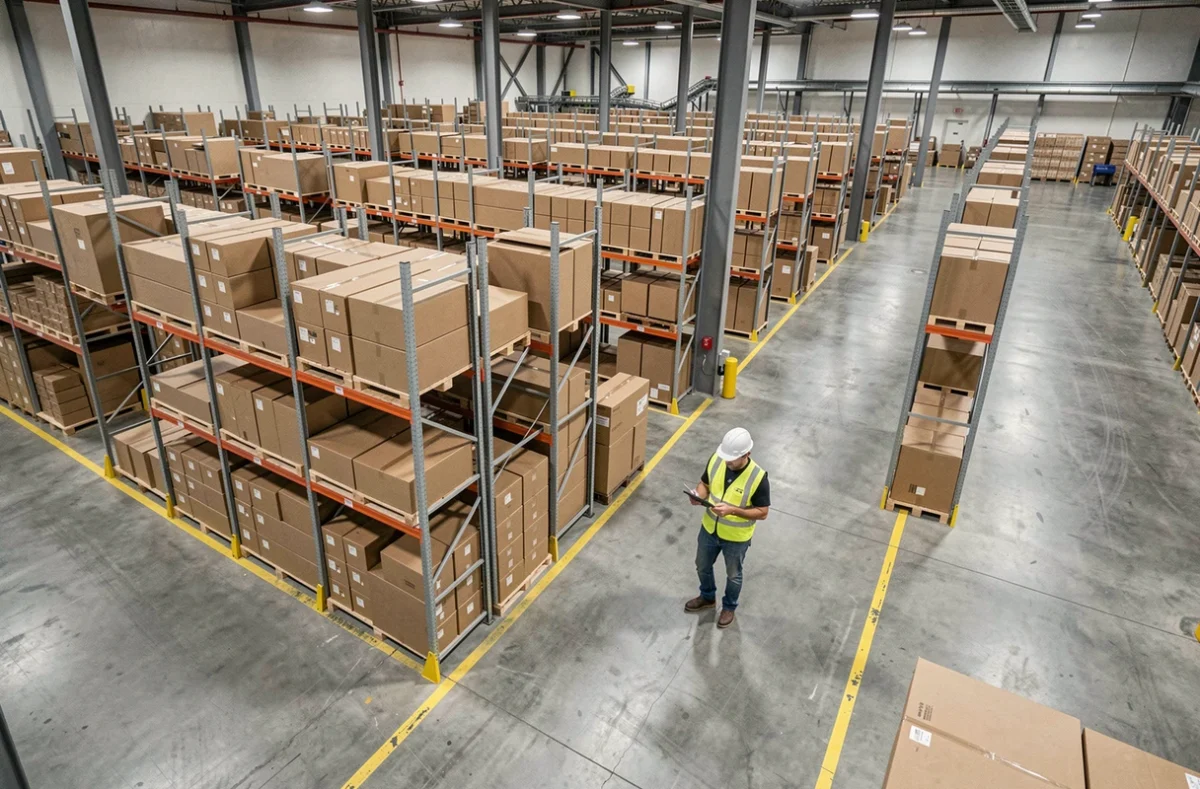 Vue aérienne intérieure d'un centre de distribution logistique avec rangées de rayonnages métalliques et gestionnaire en gilet fluorescent