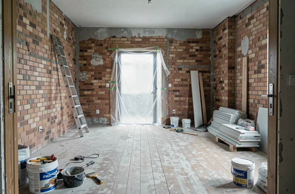 Chantier de rénovation intérieure abandonné en cours de travaux avec outils et matériaux laissés sur place dans un appartement