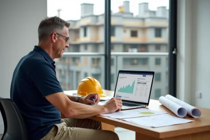 Chef de chantier comparant un tableur Excel et un logiciel de devis BTP sur ordinateur portable dans un bureau de chantier