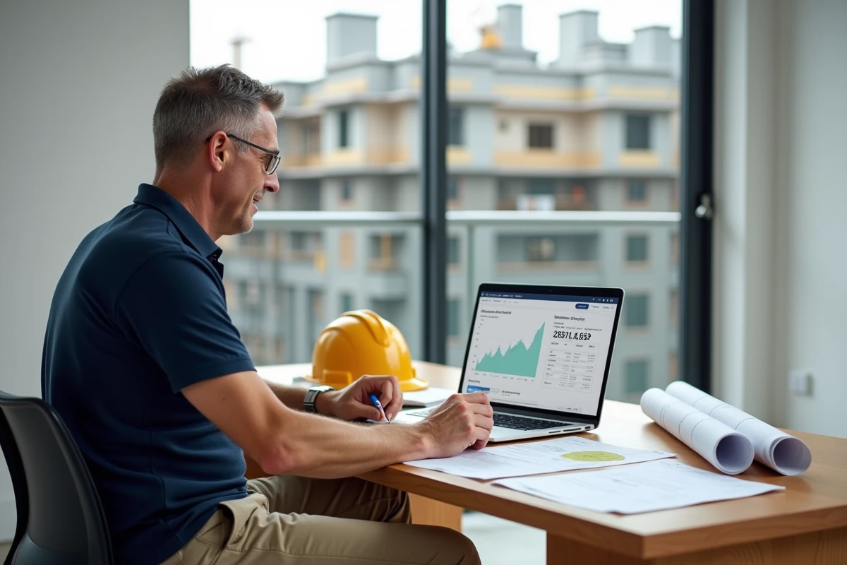 Chef de chantier comparant un tableur Excel et un logiciel de devis BTP sur ordinateur portable dans un bureau de chantier