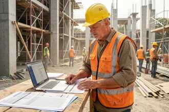 Chef de chantier BTP comparant un tableau Excel imprimé à un logiciel de gestion de chantier sur ordinateur portable