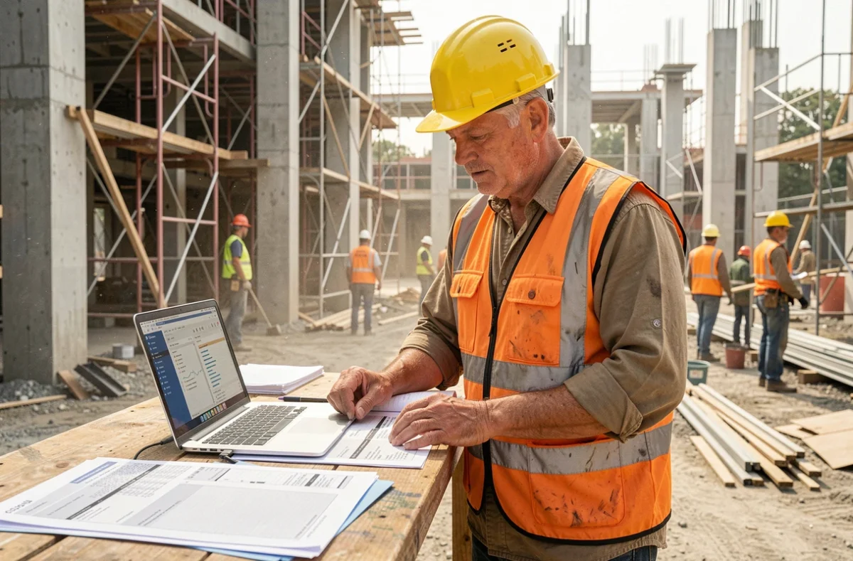 Chef de chantier BTP comparant un tableau Excel imprimé à un logiciel de gestion de chantier sur ordinateur portable