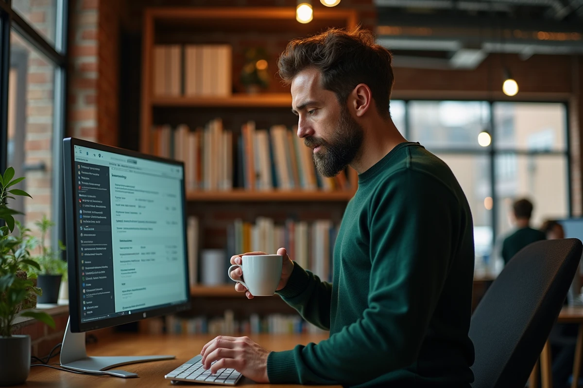 Chef d'entreprise consultant un site de mise en relation B2B pour PME sur un grand écran dans un espace de travail de startup