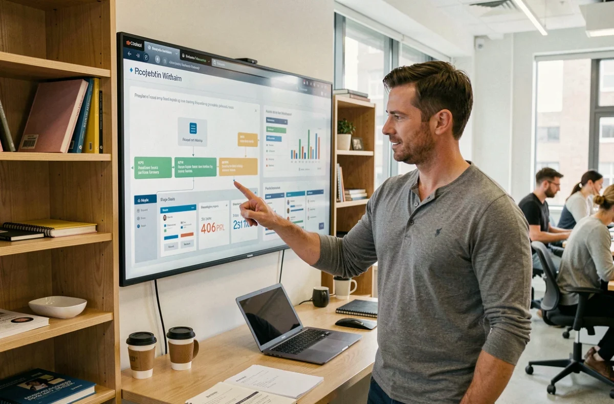 Chef de projet digital présentant une feuille de route de développement web sur un écran mural dans un espace de coworking collaboratif
