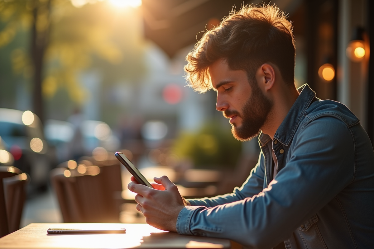 Client lisant des avis en ligne sur son smartphone en extérieur