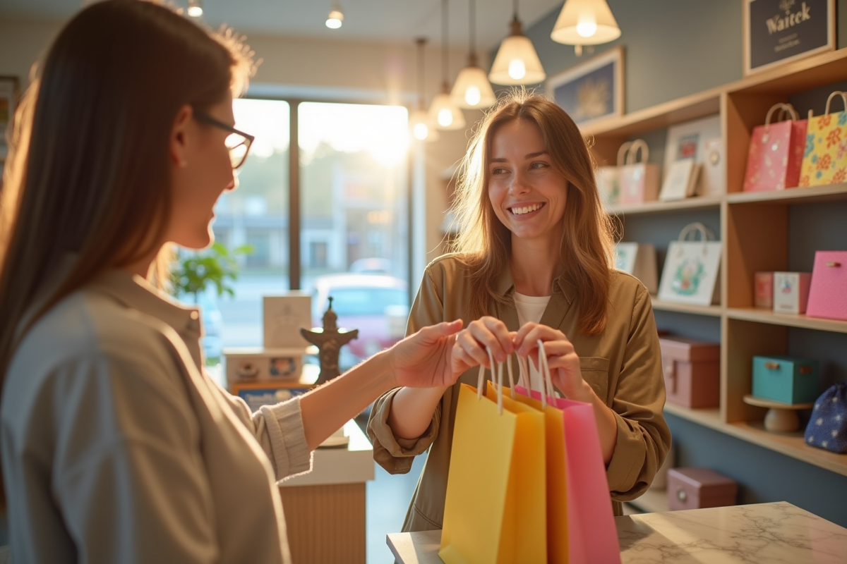 Client souriant recevant un sac de shopping dans une boutique lumineuse