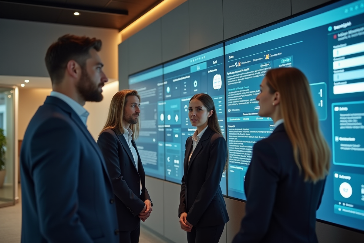 Groupe de collègues discutant devant interface digitale en réunion