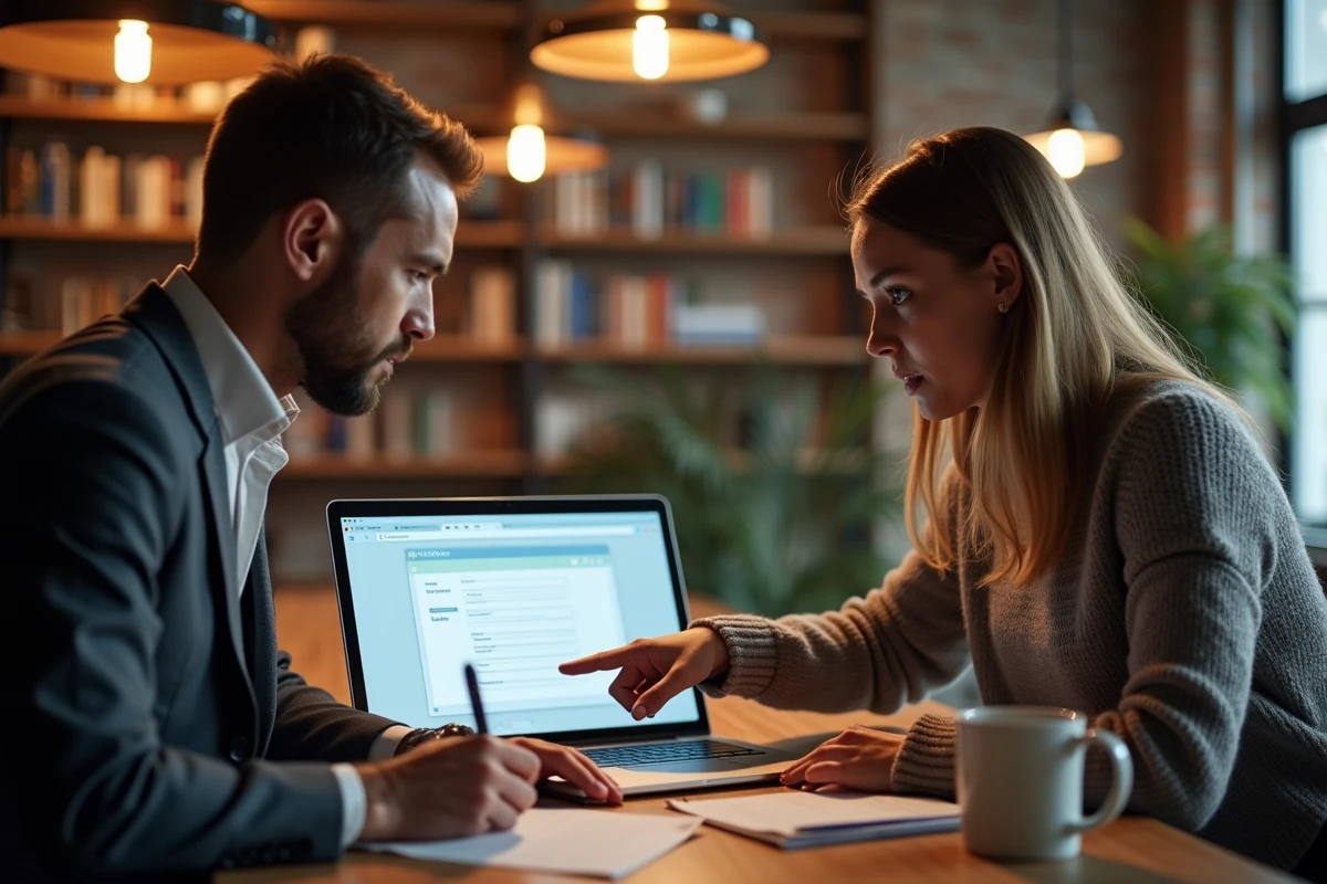 Deux collaborateurs consultant un plan de formation en ligne sur ordinateur portable dans un espace de coworking moderne