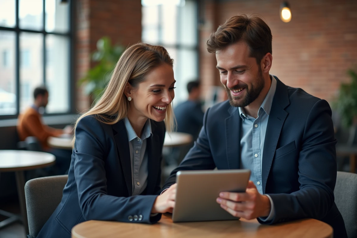 Deux collègues collaborant sur une tablette pour optimiser leur organisation quotidienne avec Adivak en espace de coworking