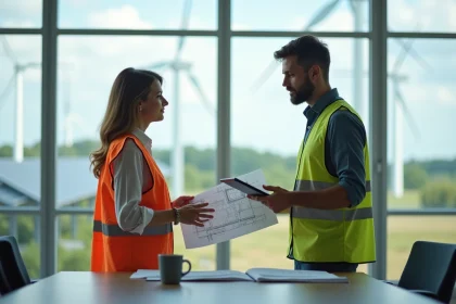 Femme d'âge moyen et jeune homme discutent dans un bureau moderne avec vue sur éoliennes