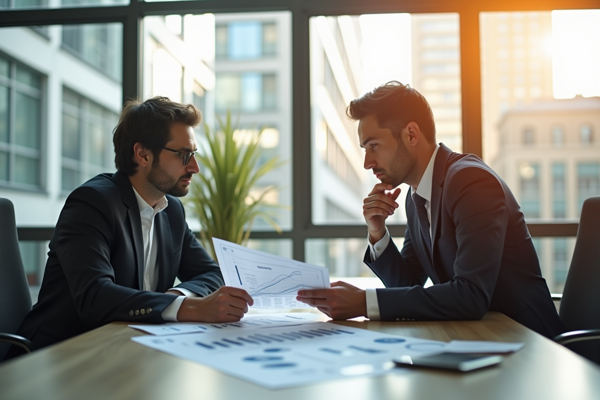 Deux professionnels analysant des documents dans un bureau lumineux