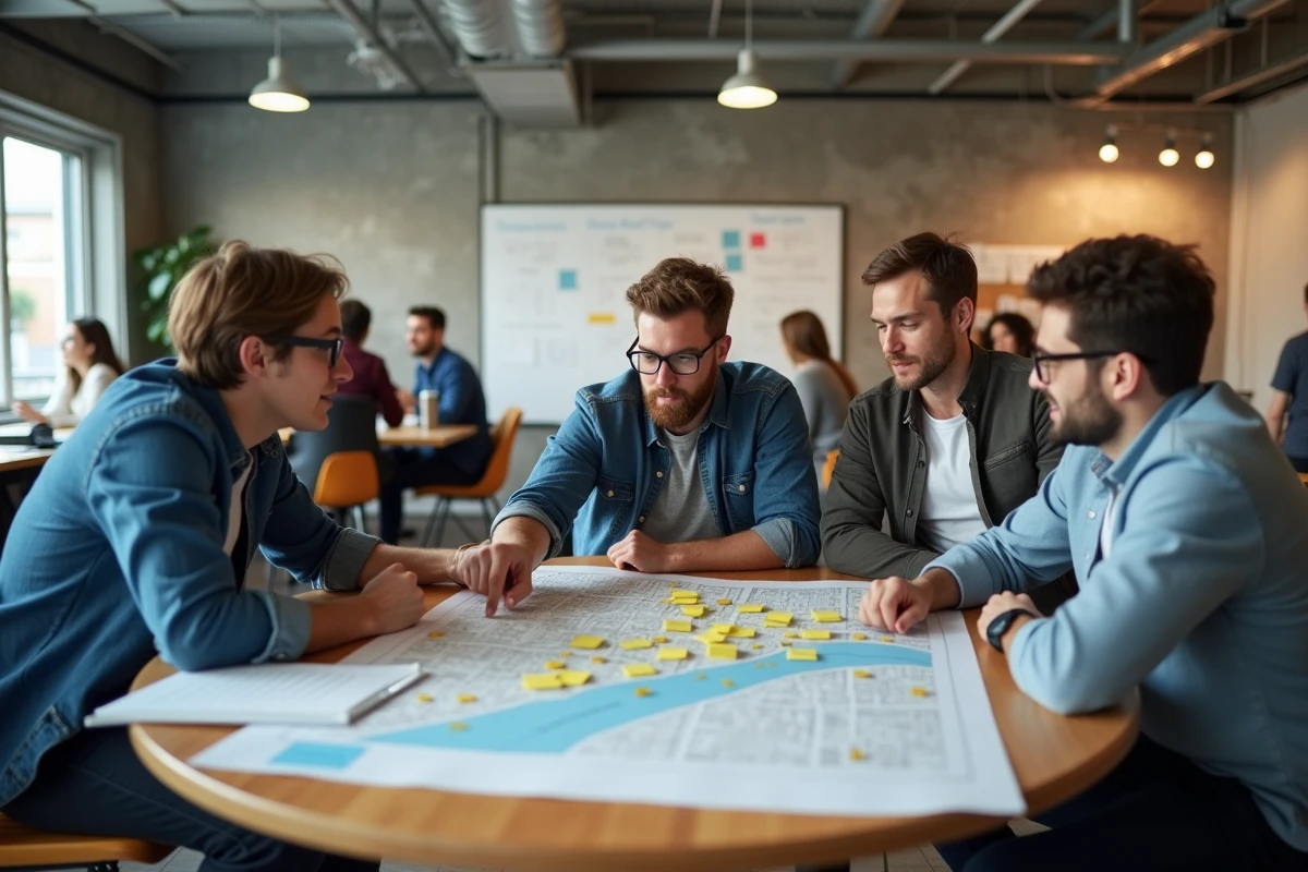 Groupe d'entrepreneurs locaux collaborant autour d'une carte de stratégie marketing dans un espace de coworking