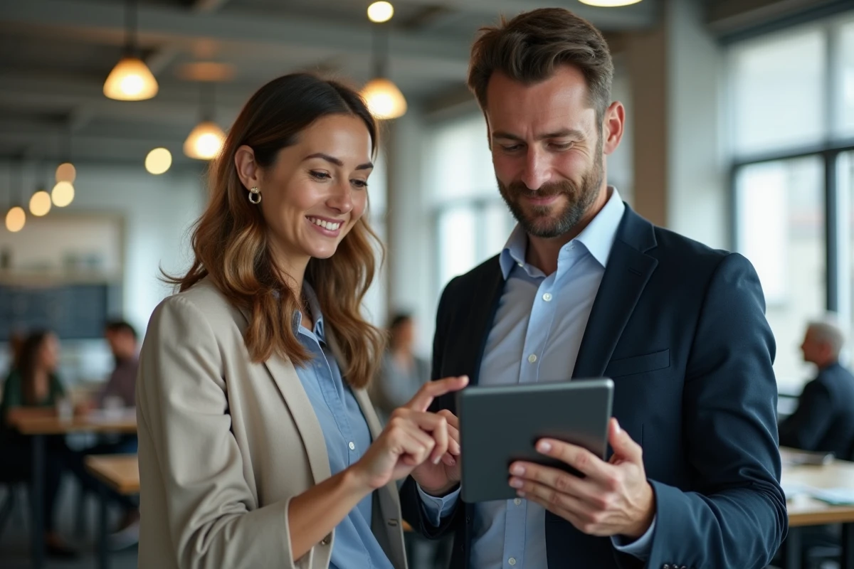 Deux collègues analysant ensemble les fonctionnalités de la plateforme Les Experts.com sur une tablette dans un espace de coworking