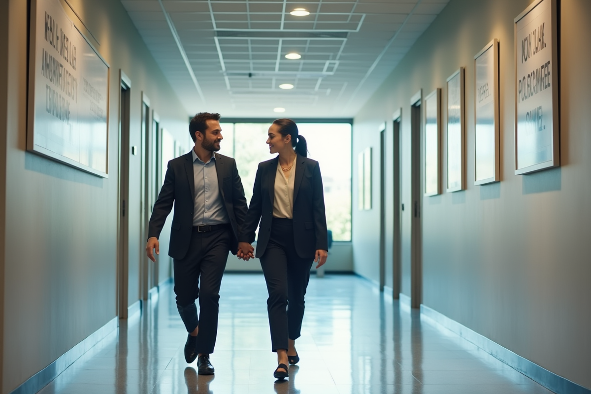 Deux collègues discutant dans un couloir lumineux au bureau