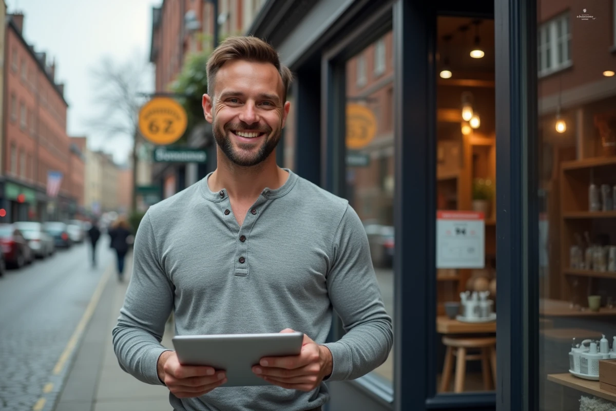 Commerçant local consultant une plateforme de marketing digital sur tablette devant sa boutique indépendante