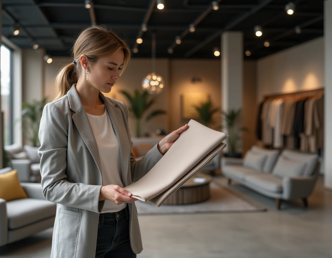Femme comparant des échantillons de tissu d'ameublement entre une grande enseigne et un tapissier artisanal comme SOFFRAN dans un showroom moderne