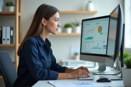 Comptable utilisant un logiciel de saisie automatique sur ordinateur dans un bureau moderne
