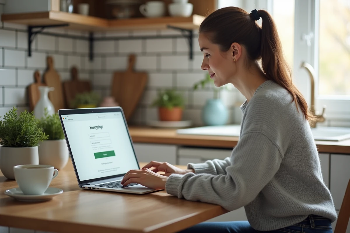 Employée Air France se connectant à Intralignes depuis chez elle sur un ordinateur portable à la maison