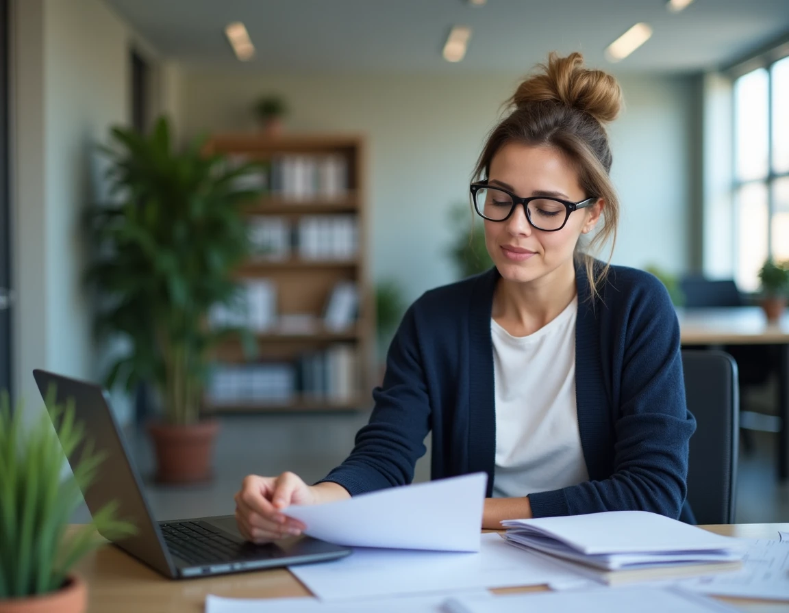 Conseillère en insertion professionnelle analysant des documents sur les droits AAH et le salaire net en ESAT dans un bureau administratif
