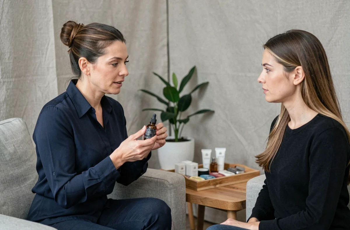 Conseillère beauté présentant un sérum à une cliente lors d'une démonstration de vente à domicile