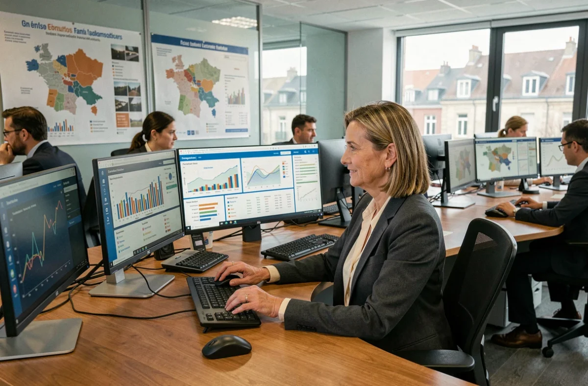 Conseillère en développement territorial consultant des tableaux de bord d'indicateurs économiques locaux dans un bureau d'administration régionale