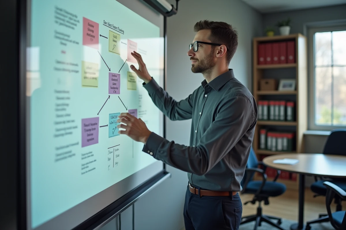Consultant en formation professionnelle présentant un plan de développement des compétences devant un tableau blanc