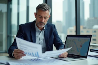 Consultant GEO analysant des rapports de marché local dans un bureau moderne pour dominer la concurrence locale