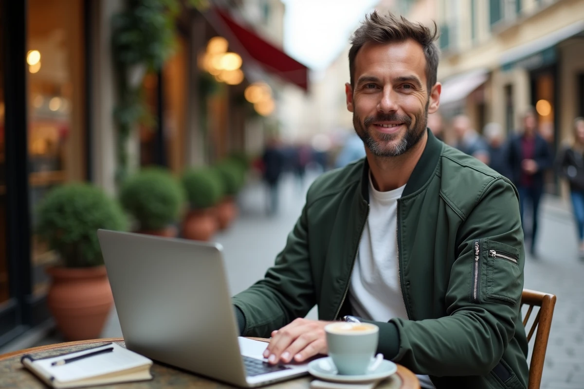 Consultant GEO optimisant un profil Google Business en terrasse de café dans un quartier commercial urbain