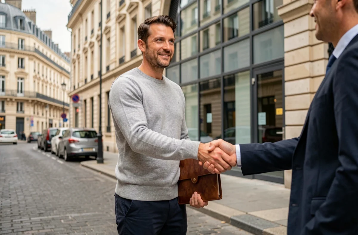Consultant indépendant en portage salarial serrant la main d'un client devant un immeuble de bureaux à Clermont-Ferrand