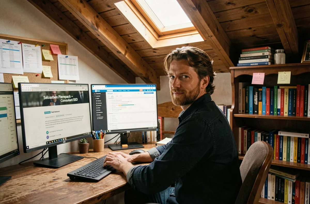 Le consultant SEO indépendant Sébastien Pierrepack dans son bureau à domicile avec ses outils de référencement naturel