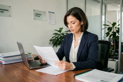Consultante indépendante en portage salarial examinant un contrat dans un bureau administratif moderne