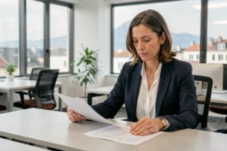 Consultante en portage salarial à Clermont-Ferrand travaillant sur des contrats dans un espace de coworking moderne