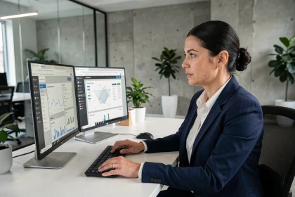 Consultante en stratégie digitale travaillant sur des wireframes et des tableaux de bord analytiques dans un bureau moderne et minimaliste