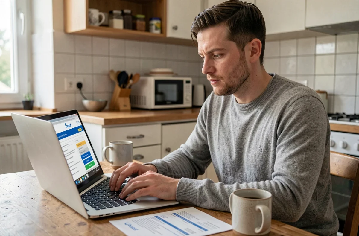 Jeune homme consultant le site Urssaf depuis son domicile avec une fiche de paie pour vérifier les cotisations de son contrat d'intérim