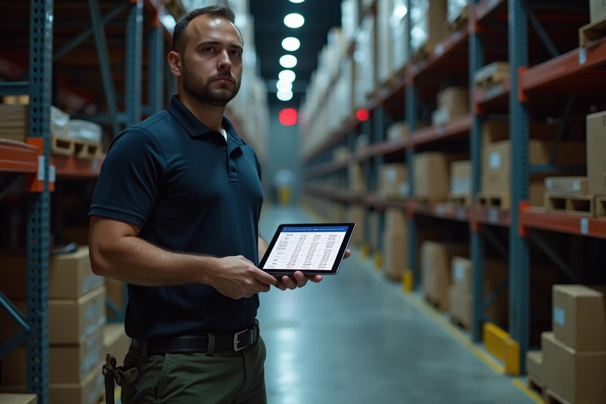 Coordinateur logistique de nuit consultant un tableau comparatif de salaire horaire et forfait nuit sur tablette dans un entrepôt