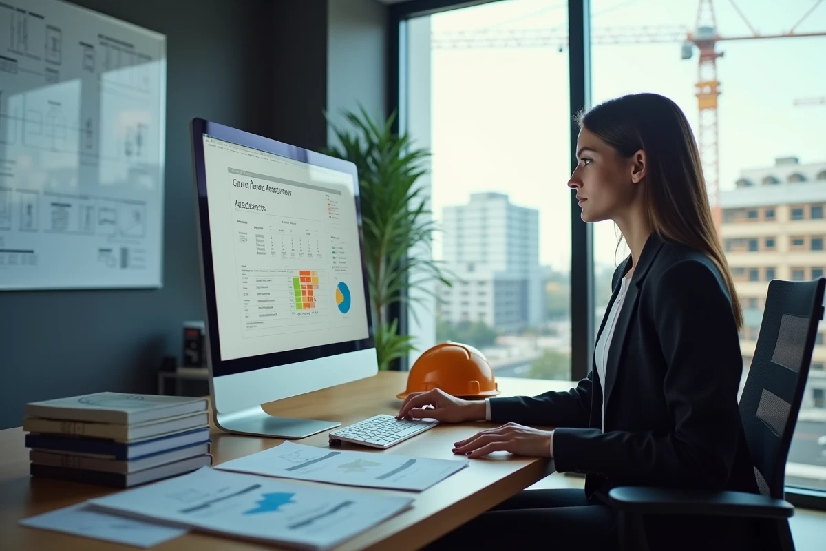 Coordinatrice BTP analysant les tarifs d'un logiciel de suivi de chantier sur ordinateur de bureau