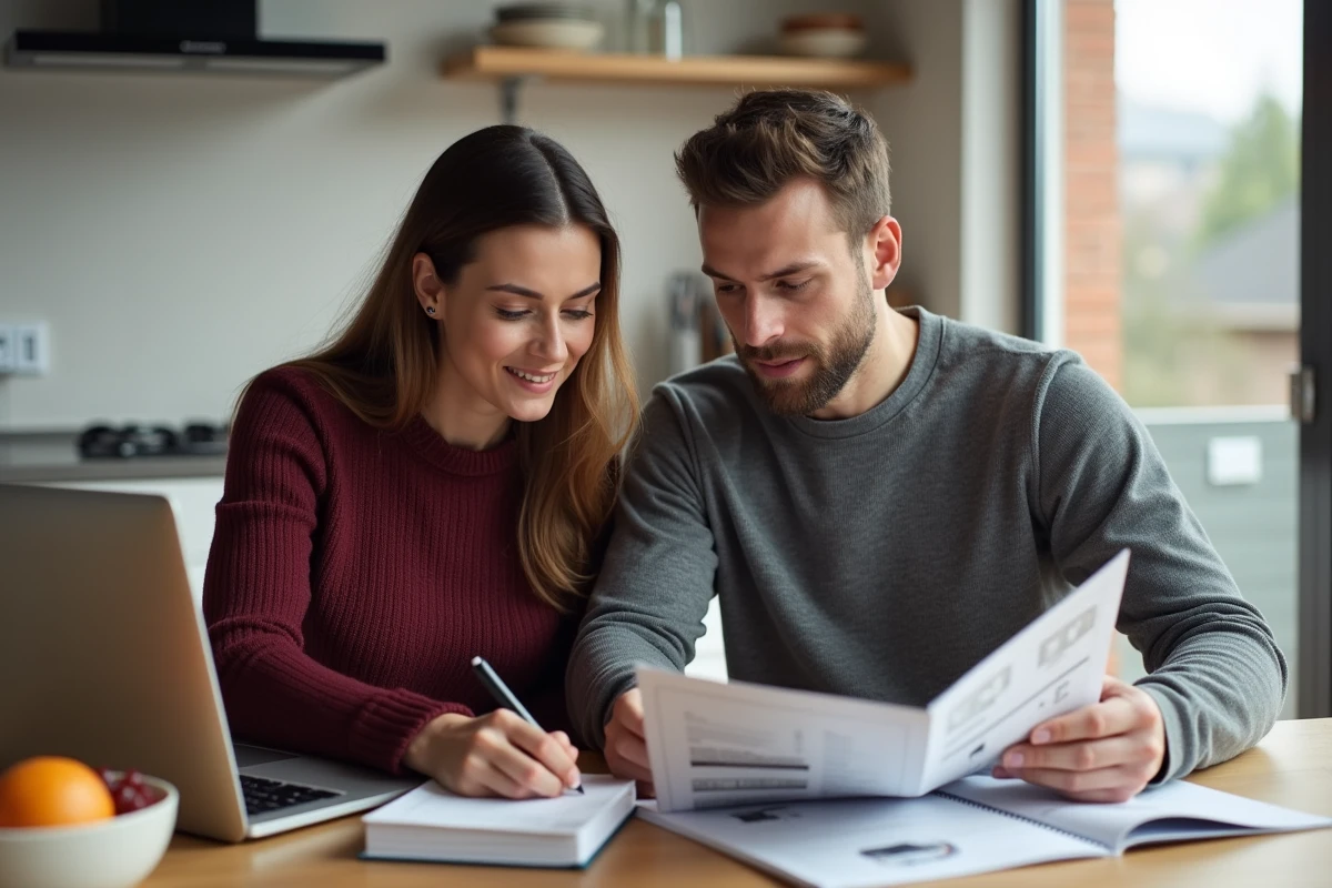 Couple comparant des offres CE Loxam sur ordinateur et catalogue imprimé dans une cuisine moderne