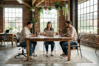Groupe de professionnels travaillant ensemble dans un espace de coworking Darwin à Bordeaux, ambiance industrielle et végétale