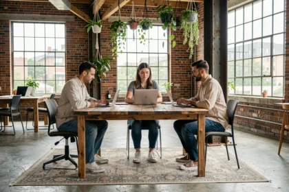 Groupe de professionnels travaillant ensemble dans un espace de coworking Darwin à Bordeaux, ambiance industrielle et végétale