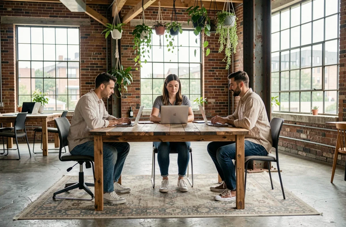 Groupe de professionnels travaillant ensemble dans un espace de coworking Darwin à Bordeaux, ambiance industrielle et végétale